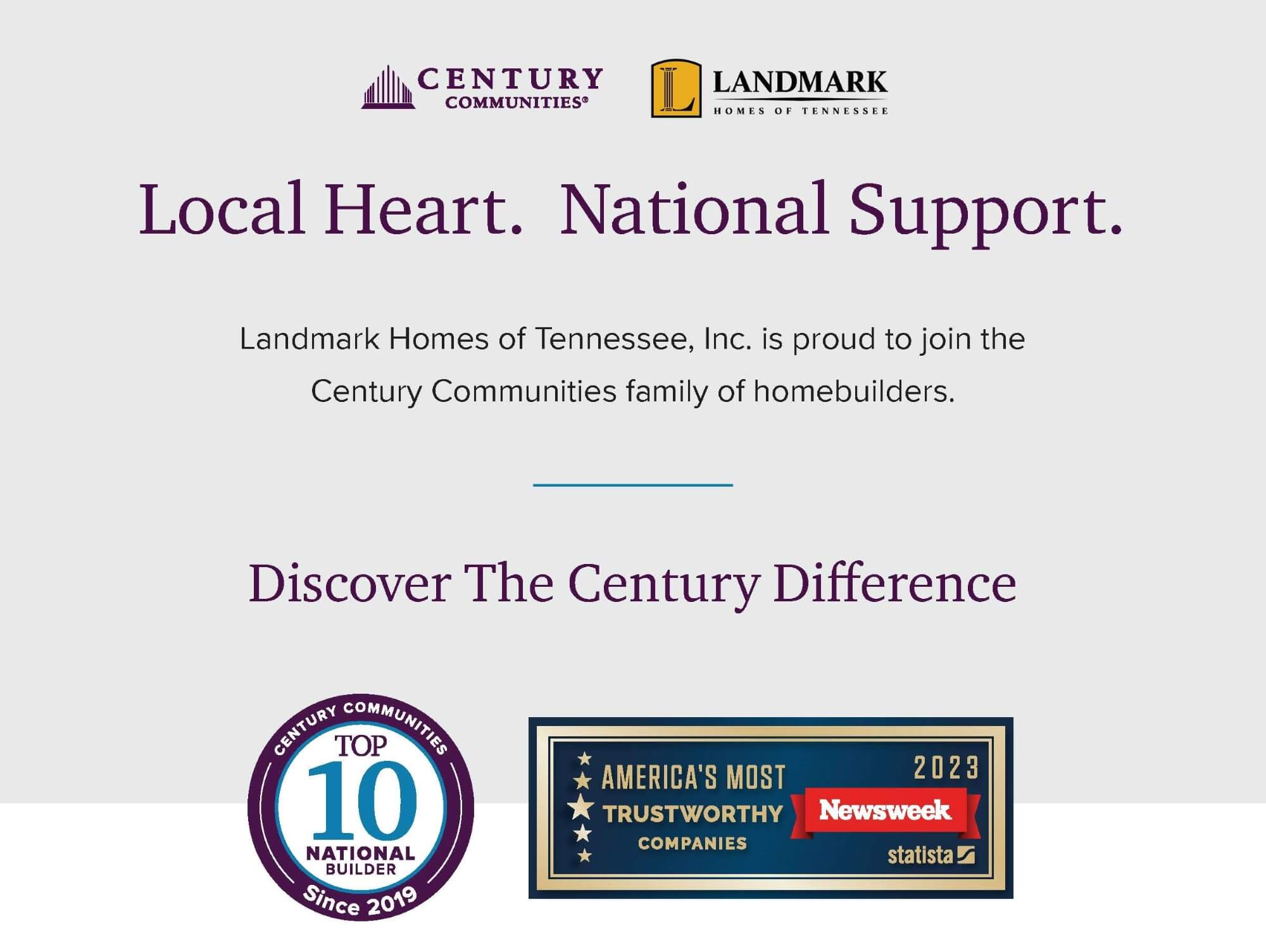 Local Heart. National Support. Landmark Homes of Tennessee, Inc is proud to join the Century Communities family of homebuilders. Discover the Century Difference.